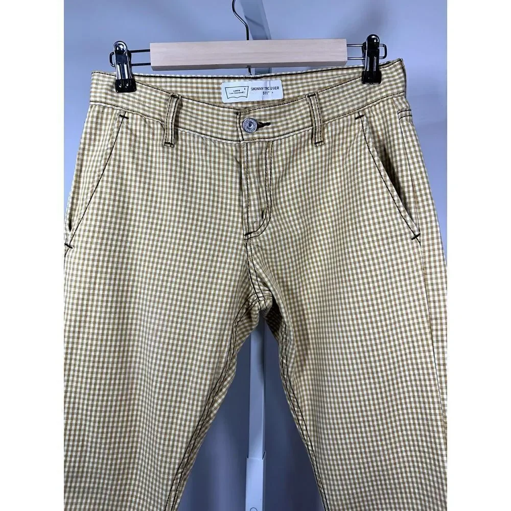 LEVI'S Unisex 511 Cotton Gingham Checker Print Skinny Trouser Jeans Tan Size 30